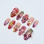 Cherry Blossom PressOn Nail With 3D Cherries, Floral & Abstract Patterns, Handmade Trendy Almond Nail Set for Fashion Lovers Or Gift For Her - Image 5