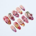 Cherry Blossom PressOn Nail With 3D Cherries, Floral & Abstract Patterns, Handmade Trendy Almond Nail Set for Fashion Lovers Or Gift For Her - Image 2