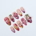 Cherry Blossom PressOn Nail With 3D Cherries, Floral & Abstract Patterns, Handmade Trendy Almond Nail Set for Fashion Lovers Or Gift For Her - Image 4