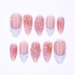 Handmade Floral Press-On Nails With Pink & Blue Ombre, 3D Flowers, Butterfly – Almond Fake Nails, Perfect For Birthdays, Events And Gifts