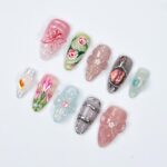 Springtime - 3D Flowers Medium Almond Press on nails, Handmade Floral False Nails for Holiday, Vacation, Birthday, Prom Nails. Gift for Her - Image 3