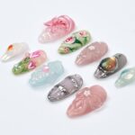 Springtime - 3D Flowers Medium Almond Press on nails, Handmade Floral False Nails for Holiday, Vacation, Birthday, Prom Nails. Gift for Her - Image 4