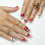 Press On Nail Valentine with Heart | Bow & Pearl Fake Nail in Medium Almond | Handmade Valentine Nail Art for Holiday, Anniversary, Birthday - Image 2