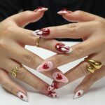 Press On Nail Valentine with Heart | Bow & Pearl Fake Nail in Medium Almond | Handmade Valentine Nail Art for Holiday, Anniversary, Birthday - Image 5