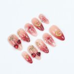 Press On Nails Cupid’s Kiss with Gold Heart | 3D Bow & Gem Fake Nail in Medium Almond | Handmade Nail Art for Holiday, Anniversary, Birthday - Image 7
