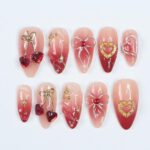 Press On Nails Cupid’s Kiss with Gold Heart | 3D Bow & Gem Fake Nail in Medium Almond | Handmade Nail Art for Holiday, Anniversary, Birthday