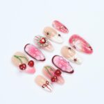 Press On Nails Golden Cupid with Cherry Charms | 3D Heart & Jewel Nails in Medium Almond | Handmade Romantic Nail Art for Holiday, Birthday - Image 6