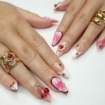 Press On Nails Golden Cupid with Cherry Charms | 3D Heart & Jewel Nails in Medium Almond | Handmade Romantic Nail Art for Holiday, Birthday - Image 4
