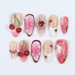 Press On Nails Golden Cupid with Cherry Charms | 3D Heart & Jewel Nails in Medium Almond | Handmade Romantic Nail Art for Holiday, Birthday