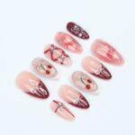 Press On Nails Cherry Charm with Silver Bows | 3D Pearl & Heart Nail Art in Medium Almond | Handmade Elegant Nail Art for Holiday, Birthday - Image 7