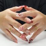 Press On Nails Cherry Charm with Silver Bows | 3D Pearl & Heart Nail Art in Medium Almond | Handmade Elegant Nail Art for Holiday, Birthday - Image 4