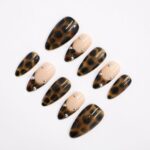 Press On Nails Tortoiseshell with Nude & Silver Accent | Fake Nail in Medium Almond | Handmade Fall Nail Art for Holiday, Vacation, Birthday - Image 3