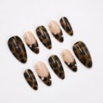Press On Nails Tortoiseshell with Nude & Silver Accent | Fake Nail in Medium Almond | Handmade Fall Nail Art for Holiday, Vacation, Birthday - Image 5