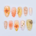 Press On Nails Solara 3D Flowers & Golden Swirls | Sunny Floral Fake Nails Medium Almond | Handmade Elegant Nail Art for Vacation, Party