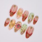 Handmade 3D Floral Press On Nail, Iridescent, Gold Accent, Jelly Effect, Custom Luxury Nail Art for Glamorous Look or Perfer Gift for Her - Image 6