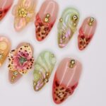Handmade 3D Floral Press On Nail, Iridescent, Gold Accent, Jelly Effect, Custom Luxury Nail Art for Glamorous Look or Perfer Gift for Her - Image 5