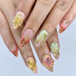 Handmade 3D Floral Press On Nail, Iridescent, Gold Accent, Jelly Effect, Custom Luxury Nail Art for Glamorous Look or Perfer Gift for Her - Image 3
