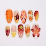 Press On Nails Autumn Blaze with Floral & Leaf Art | 3D Fake Nails in Medium Almond | Handmade Fall Nail Art for Holiday, Vacation, Birthday