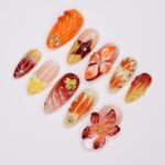 Press On Nails Autumn Blaze with Floral & Leaf Art | 3D Fake Nails in Medium Almond | Handmade Fall Nail Art for Holiday, Vacation, Birthday - Image 5