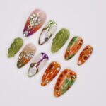 Press On Nails Jewel Garden with Swirl & Crystal Charm | 3D Fake Nails in Medium Almond | Handmade Nail Art for Holiday, Vacation, Birthday - Image 4