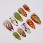 Press On Nails Jewel Garden with Swirl & Crystal Charm | 3D Fake Nails in Medium Almond | Handmade Nail Art for Holiday, Vacation, Birthday - Image 5