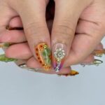 Press On Nails Jewel Garden with Swirl & Crystal Charm | 3D Fake Nails in Medium Almond | Handmade Nail Art for Holiday, Vacation, Birthday - Image 3