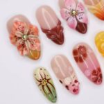 Press On Nail Blooming Sunset with Floral & Swirl Art | 3D Fake Nail in Medium Almond | Handmade Fall Nail Art for Holiday, Vacation, Gift - Image 5