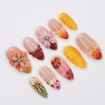 Press On Nail Blooming Sunset with Floral & Swirl Art | 3D Fake Nail in Medium Almond | Handmade Fall Nail Art for Holiday, Vacation, Gift - Image 3
