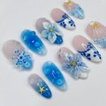 Press On Nails Blue Lagoon with Shell & Floral Art | Oceanic 3D Fake Nails in Medium Almond | Handmade Summer Nail Art for Holiday, Vacation - Image 6