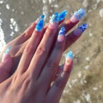 Press On Nails Blue Lagoon with Shell & Floral Art | Oceanic 3D Fake Nails in Medium Almond | Handmade Summer Nail Art for Holiday, Vacation - Image 3