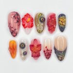 Press On Nails Sunset Bloom with Hibicus | 3D Floral Fake Nails in Medium Almond | Handmade Autumn Nail Art for Holiday, Vacation, Birthday