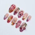 Cherry Blossom PressOn Nail With 3D Cherries, Floral & Abstract Patterns, Handmade Trendy Almond Nail Set for Fashion Lovers Or Gift For Her - Image 3