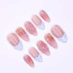 Handmade Floral Press-On Nails With Pink & Blue Ombre, 3D Flowers, Butterfly – Almond Fake Nails, Perfect For Birthdays, Events And Gifts - Image 4