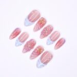 Handmade Floral Press-On Nails With Pink & Blue Ombre, 3D Flowers, Butterfly – Almond Fake Nails, Perfect For Birthdays, Events And Gifts - Image 5