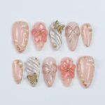 Blush Elegance Press-On Nails with 3D Flowers, Bows & Gold Details – Handmade Chic Nails for a Romantic and Glamorous Look or Gift for Her