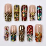 Press-On Nails Vitreaux with Stained Glass | Baroque 3D Fake Nails in Long Square | Handmade Gothic Nail Art for Holiday, Vacation, Birthday