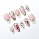 Press On Nails Dragonfly with Lace Textures | Hand-Painted Floral Fake Nails in Medium Almond | Handmade Bridal Nail Art for Wedding, Prom - Image 4