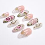 Press On Nails Dragonfly with Lace Textures | Hand-Painted Floral Fake Nails in Medium Almond | Handmade Bridal Nail Art for Wedding, Prom - Image 7