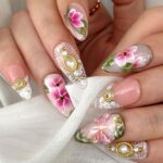 Press On Nails Dragonfly with Lace Textures | Hand-Painted Floral Fake Nails in Medium Almond | Handmade Bridal Nail Art for Wedding, Prom - Image 2