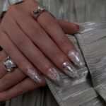 Press On Nails Lunaria with Lace Textures & Pearl | Iridescent Bridal Fake Nails in Almond Shape | Handmade Nail Art for Wedding, Holiday - Image 2
