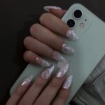 Press On Nails Lunaria with Lace Textures & Pearl | Iridescent Bridal Fake Nails in Almond Shape | Handmade Nail Art for Wedding, Holiday - Image 3