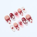 Press On Nail Valentine with Heart | Bow & Pearl Fake Nail in Medium Almond | Handmade Valentine Nail Art for Holiday, Anniversary, Birthday - Image 6