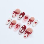 Press On Nail Valentine with Heart | Bow & Pearl Fake Nail in Medium Almond | Handmade Valentine Nail Art for Holiday, Anniversary, Birthday - Image 3
