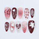 Press On Nails PS: I Love You with Pearl & Star | 3D Heart and Bow Fake Almond Nails | Handmade Nail Art for Holiday, Anniversary, Birthday