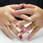 Press On Nails Golden Cupid with Cherry Charms | 3D Heart & Jewel Nails in Medium Almond | Handmade Romantic Nail Art for Holiday, Birthday - Image 2