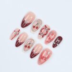 Press On Nails Cherry Charm with Silver Bows | 3D Pearl & Heart Nail Art in Medium Almond | Handmade Elegant Nail Art for Holiday, Birthday - Image 6