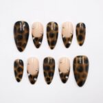 Press On Nails Tortoiseshell with Nude & Silver Accent | Fake Nail in Medium Almond | Handmade Fall Nail Art for Holiday, Vacation, Birthday