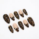 Press On Nails Tortoiseshell with Nude & Silver Accent | Fake Nail in Medium Almond | Handmade Fall Nail Art for Holiday, Vacation, Birthday - Image 4