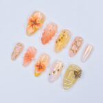 Press On Nails Solara 3D Flowers & Golden Swirls | Sunny Floral Fake Nails Medium Almond | Handmade Elegant Nail Art for Vacation, Party - Image 3