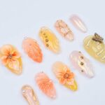 Press On Nails Solara 3D Flowers & Golden Swirls | Sunny Floral Fake Nails Medium Almond | Handmade Elegant Nail Art for Vacation, Party - Image 4